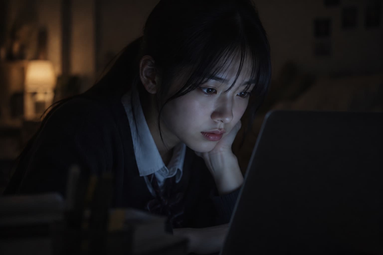 A student at night, face lit by the laptop screen