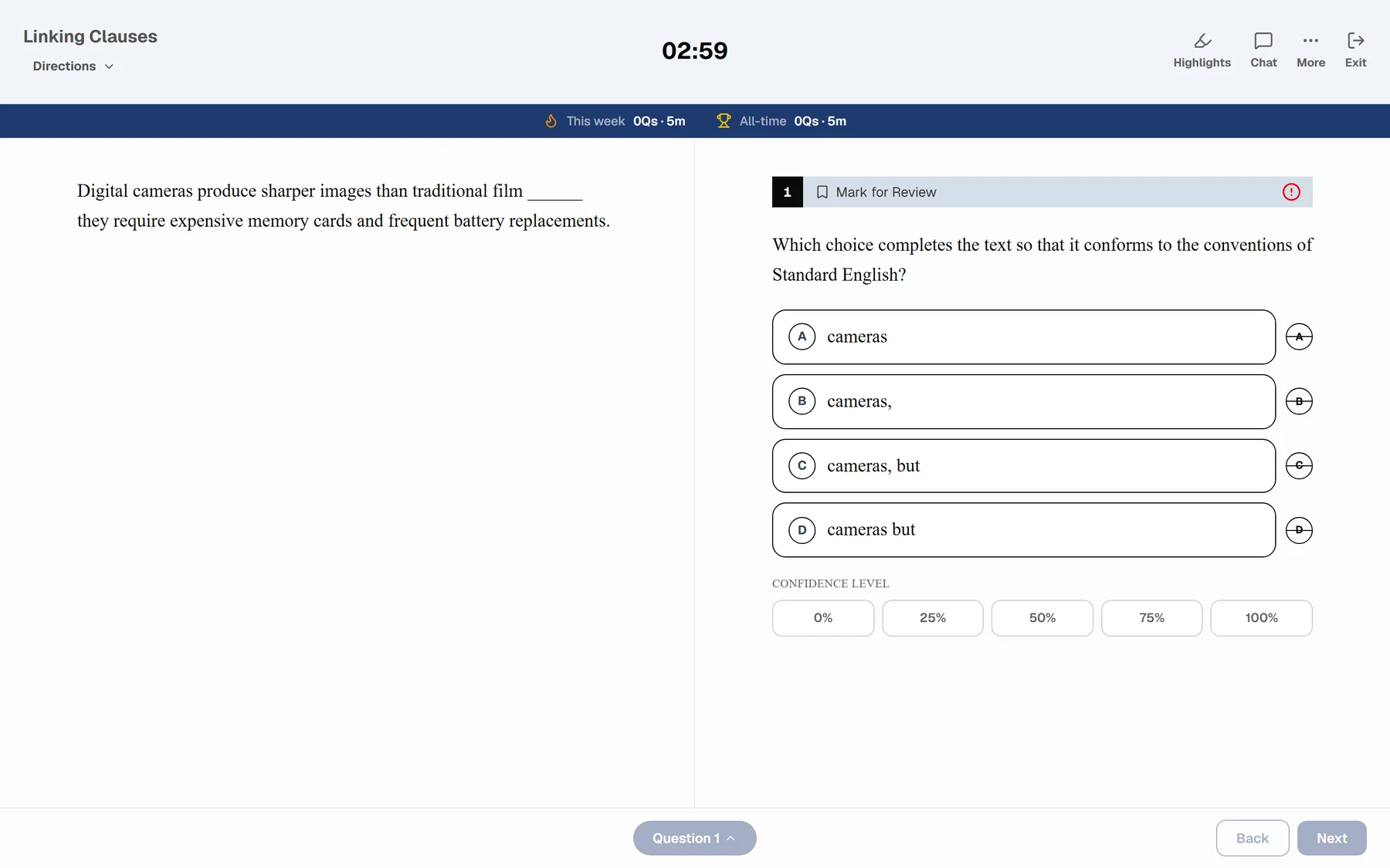 A Standard English question in the Bluebook-style runner: timer, mark for review, answer choices A through D and a confidence row