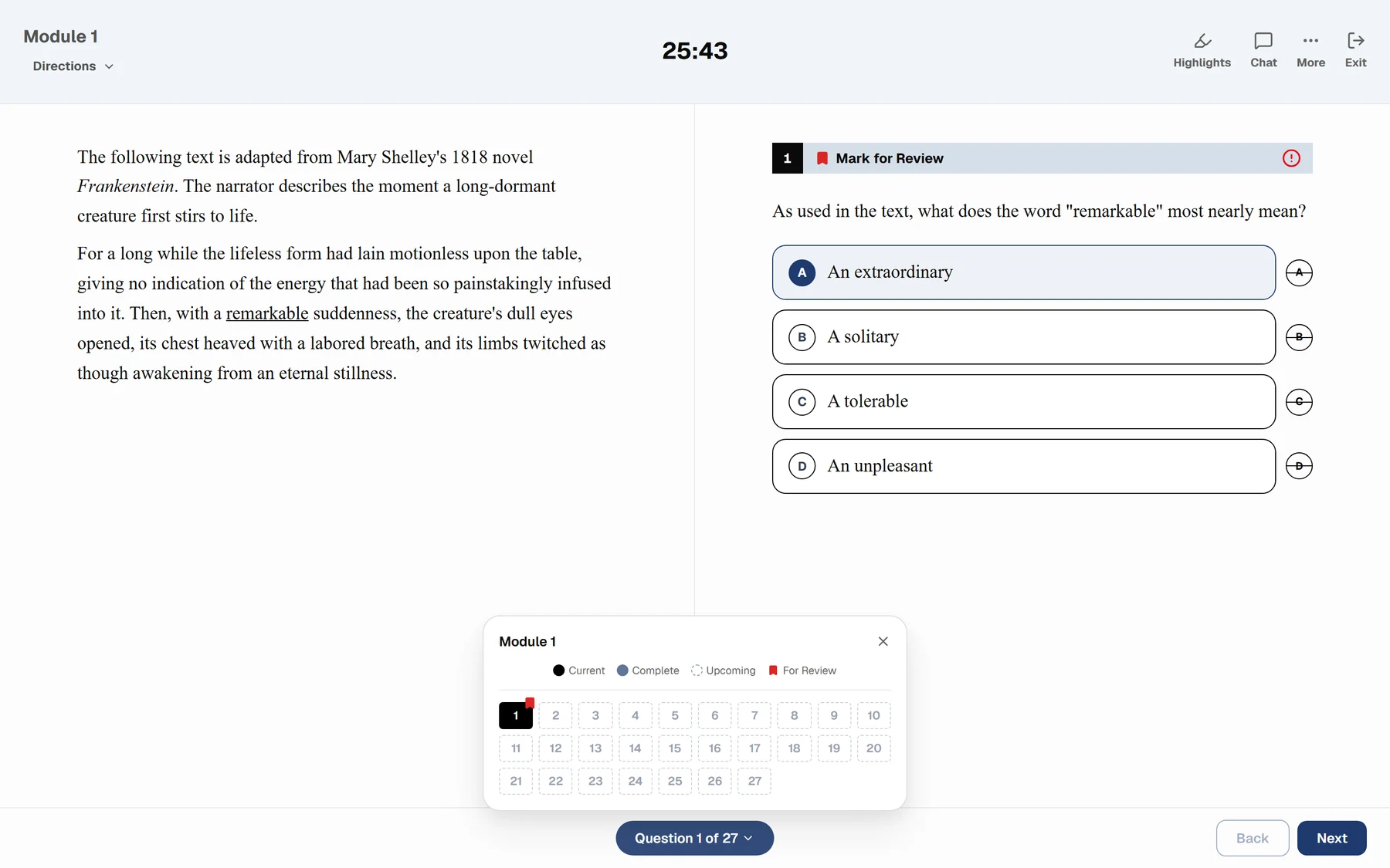 Inside a full-length sitting: a passage on the left, answer choices on the right, the module timer, and the question map open