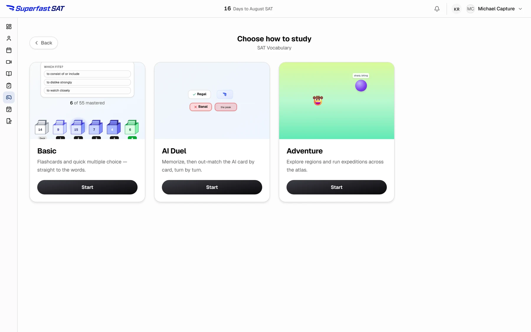 Three study modes: Basic showing the five-box ladder, AI Duel with matched cards, and Adventure's explorable map